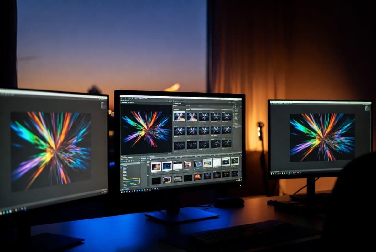 A cinematic production workspace where AI tools and traditional animation software converge on a large studio display