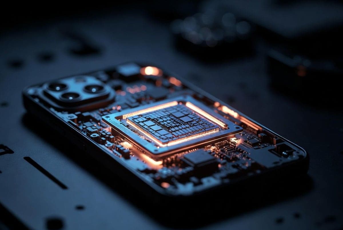 A compact AI processor chip glowing inside a smartphone on a workbench, representing on-device model inference