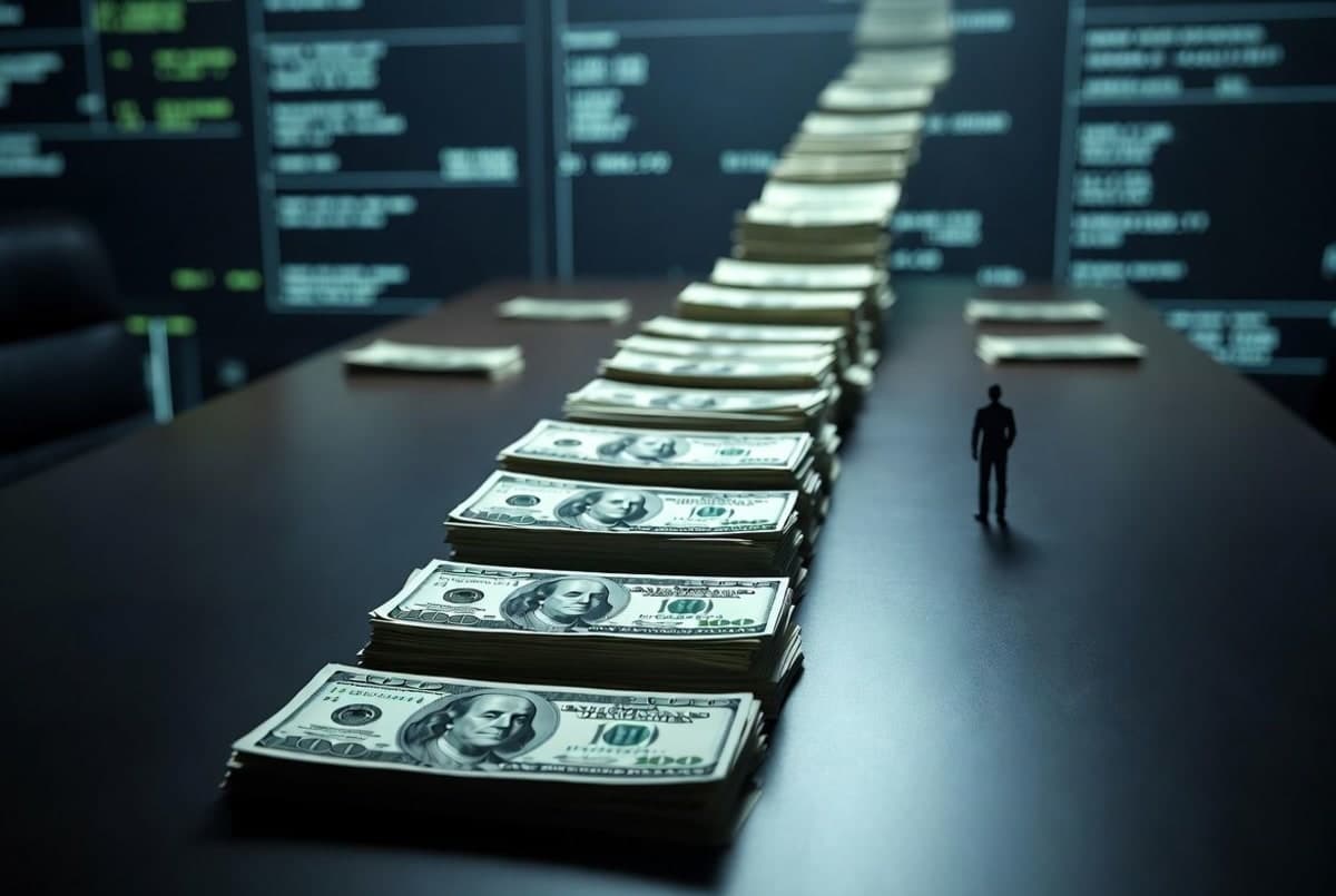 Stacks of cash toppling like dominoes toward a small business figure, representing runaway AI spending
