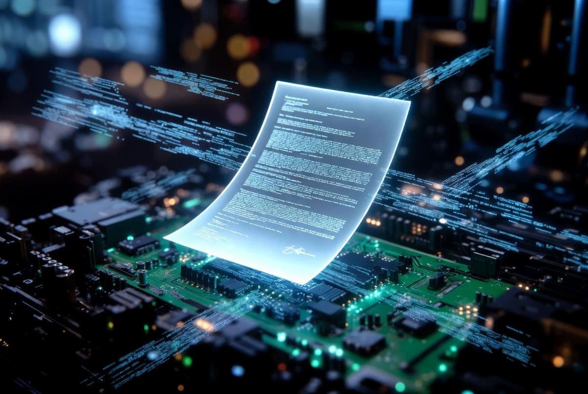 Abstract representation of a unified software license document connecting code, data, and AI model components