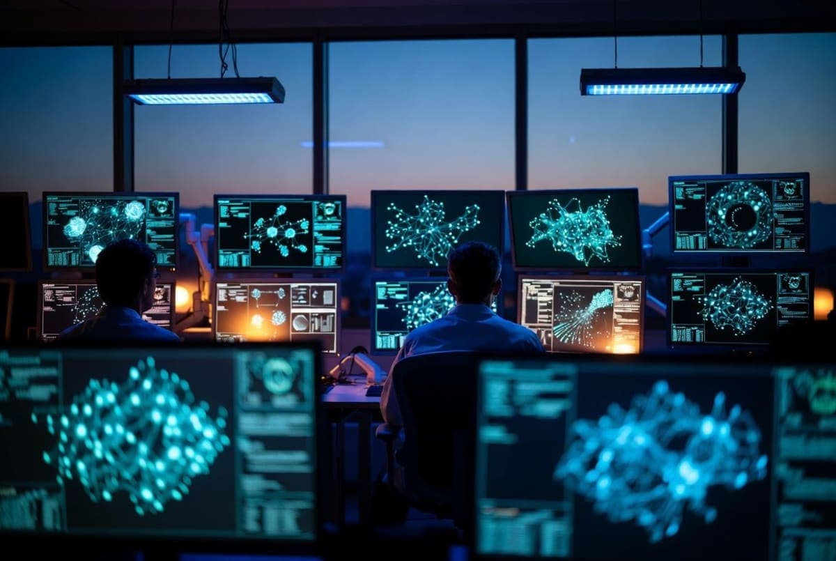 Researchers in a modern life sciences laboratory working at computer stations analyzing molecular and protein data