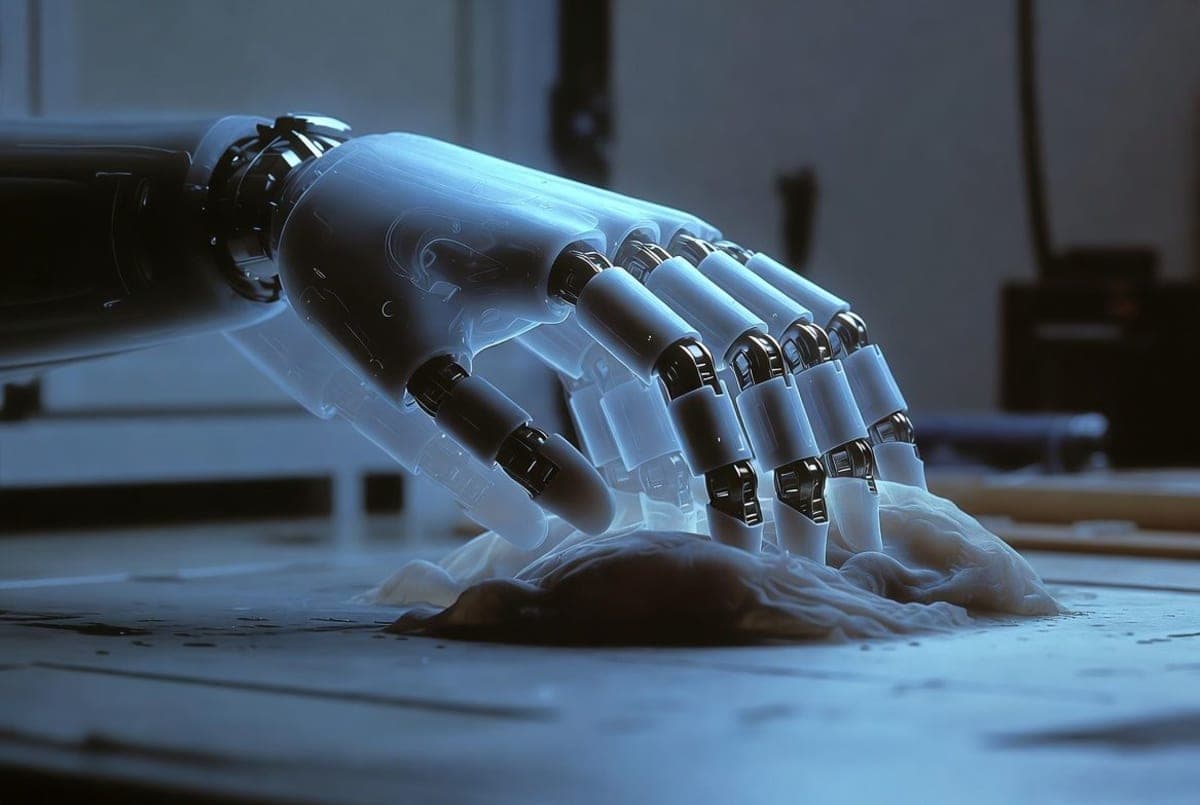 A robotic gripper manipulating objects inside a photorealistic physics simulation environment with parallel rollouts visualized
