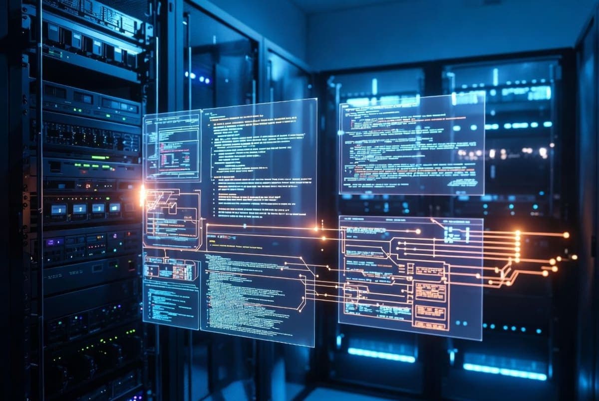Abstract visualization of an autonomous security system scanning and repairing lines of code across a cloud network