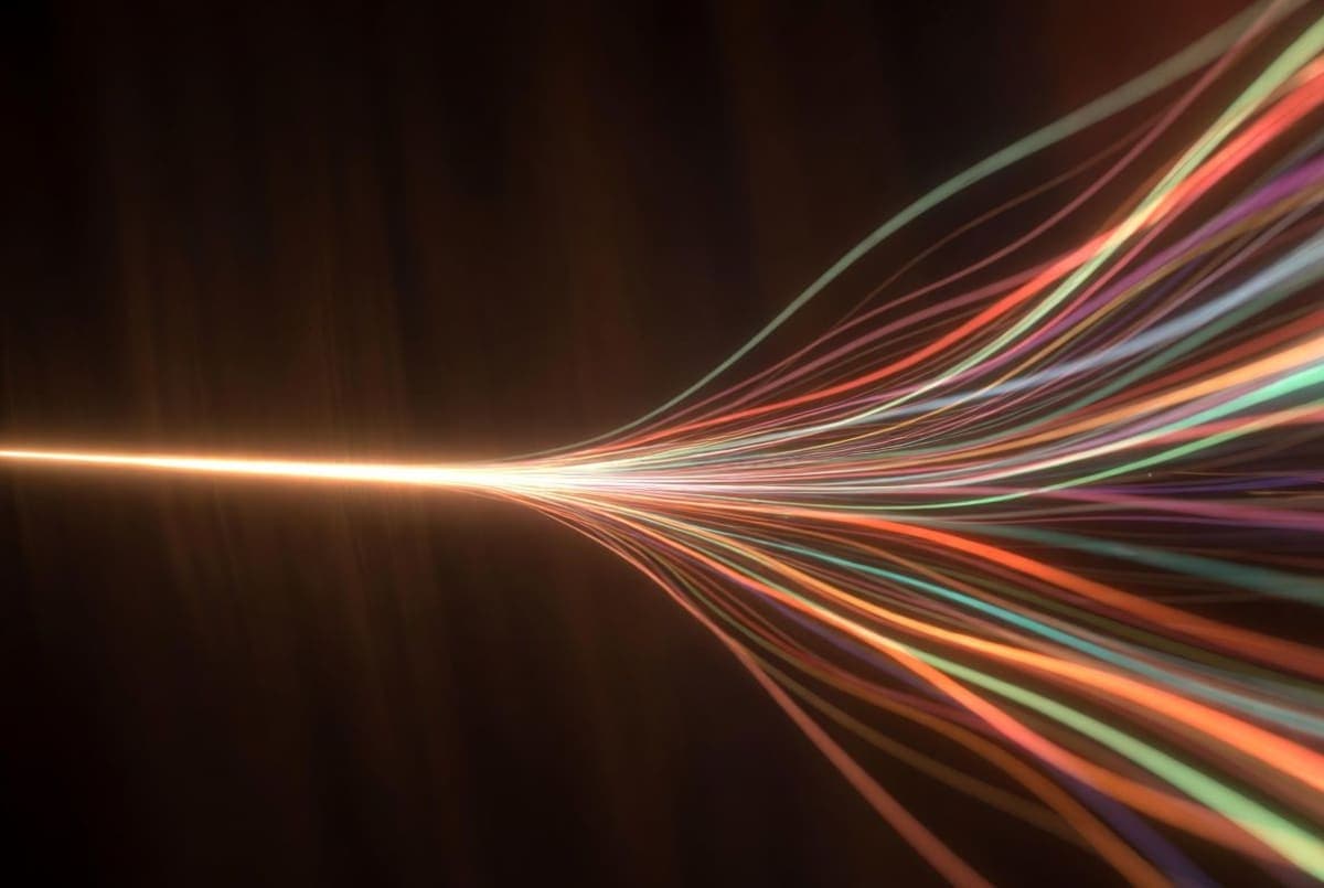 Audio waveform splitting into multiple colored streams representing different languages