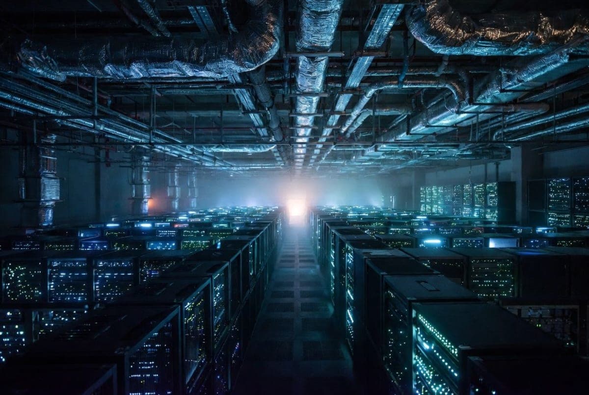 Rows of data center server racks inside a large industrial facility with cooling infrastructure