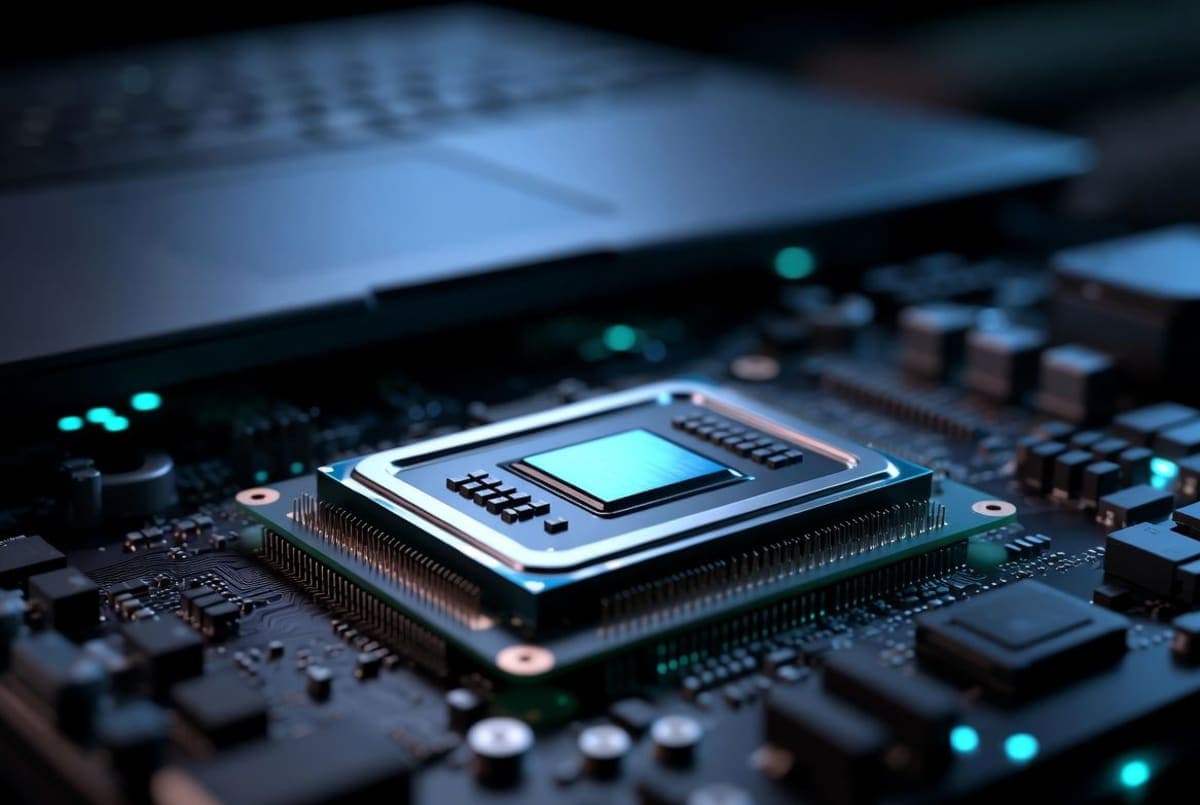 Arm-based laptop processor chip on a circuit board with a thin Windows laptop in the background