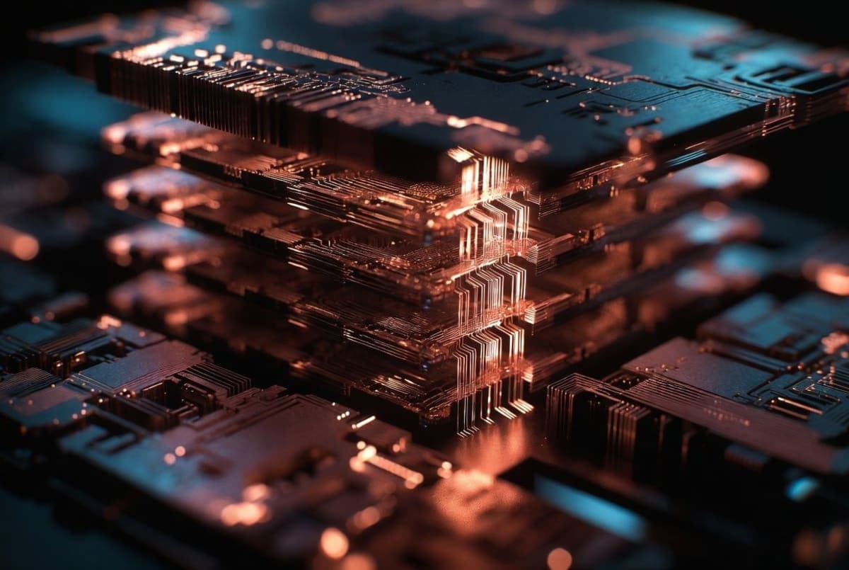 Vertically stacked semiconductor chip layers representing 3D logic folding architecture against a circuit board background