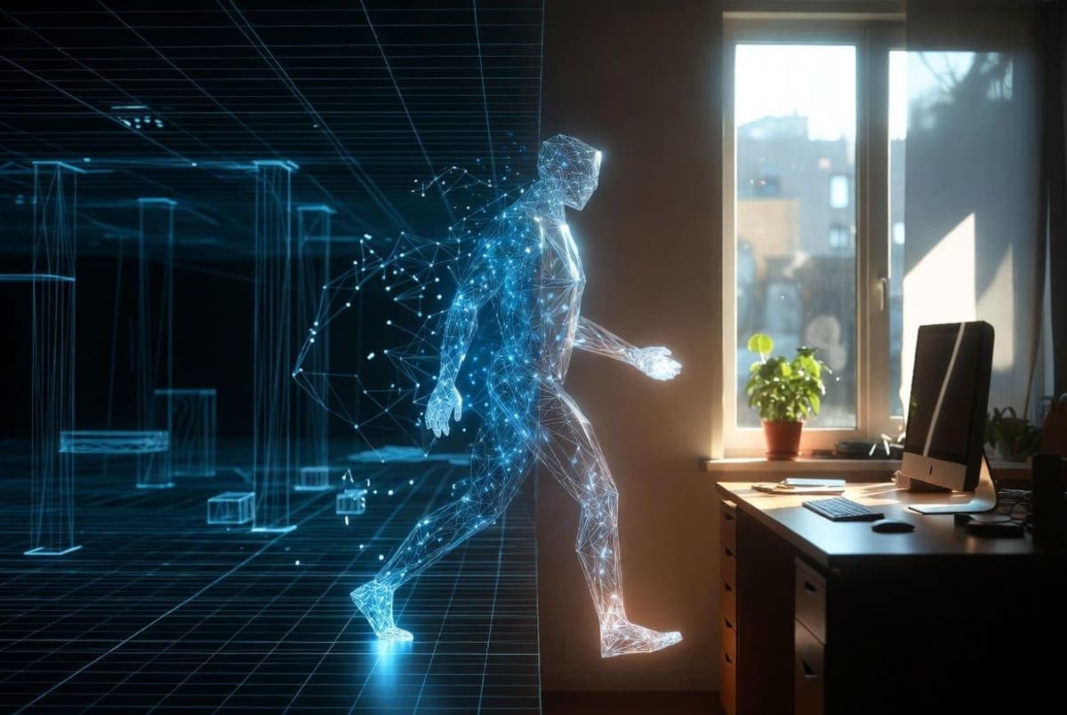 Abstract visualization of an AI agent navigating between simplified geometric simulator environments and a complex real-world interface