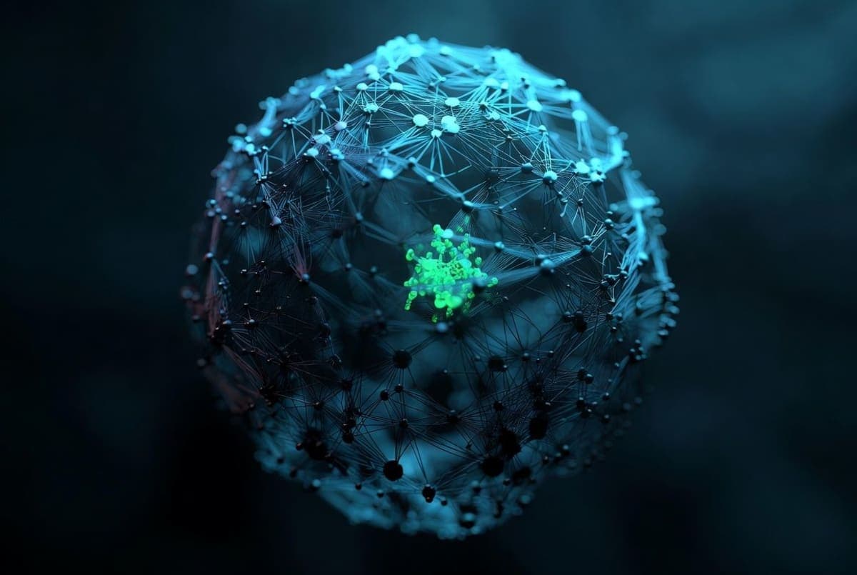 Abstract visualization of a large neural network with a small subset of nodes illuminated, representing sparse mixture-of-experts activation