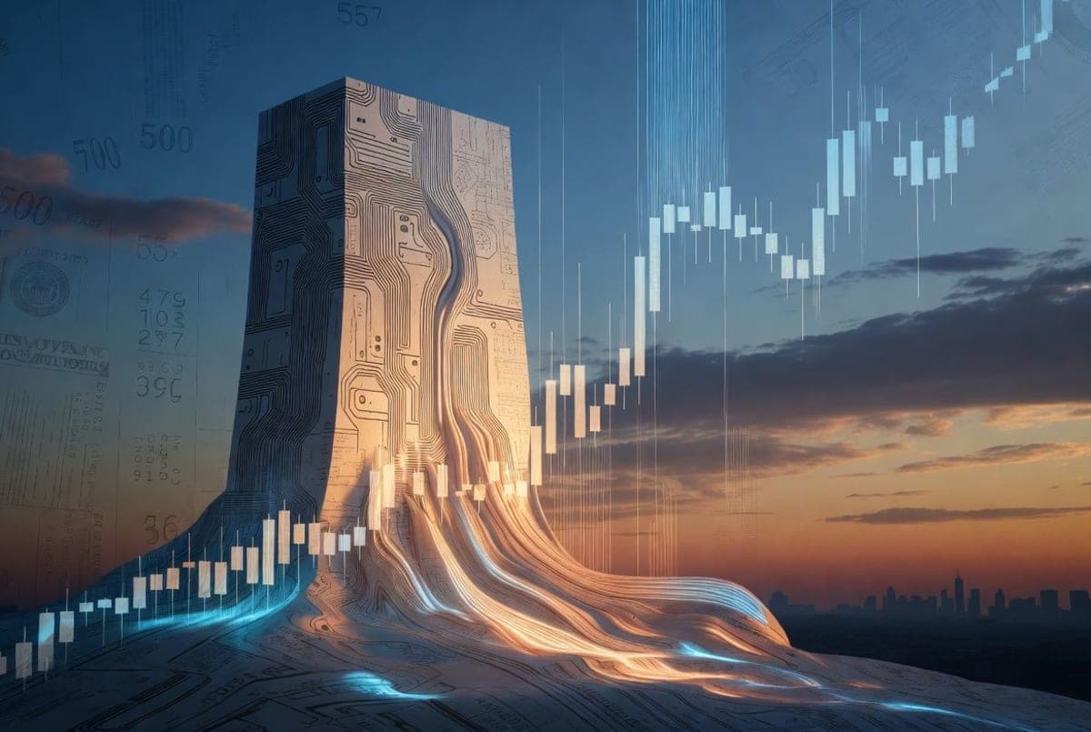 Abstract representation of an AI company preparing for a stock market debut, with financial data and circuitry motifs