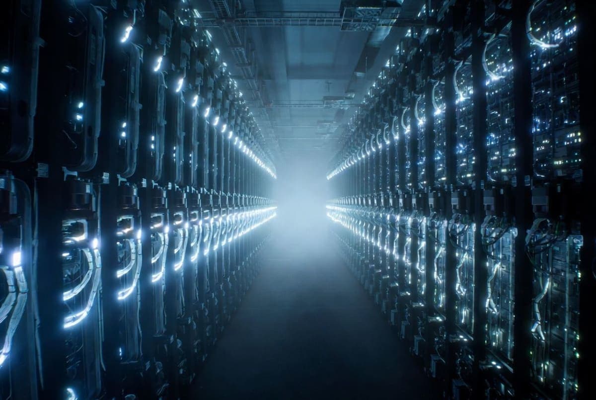 Rows of server racks in a large data center with blue indicator lights