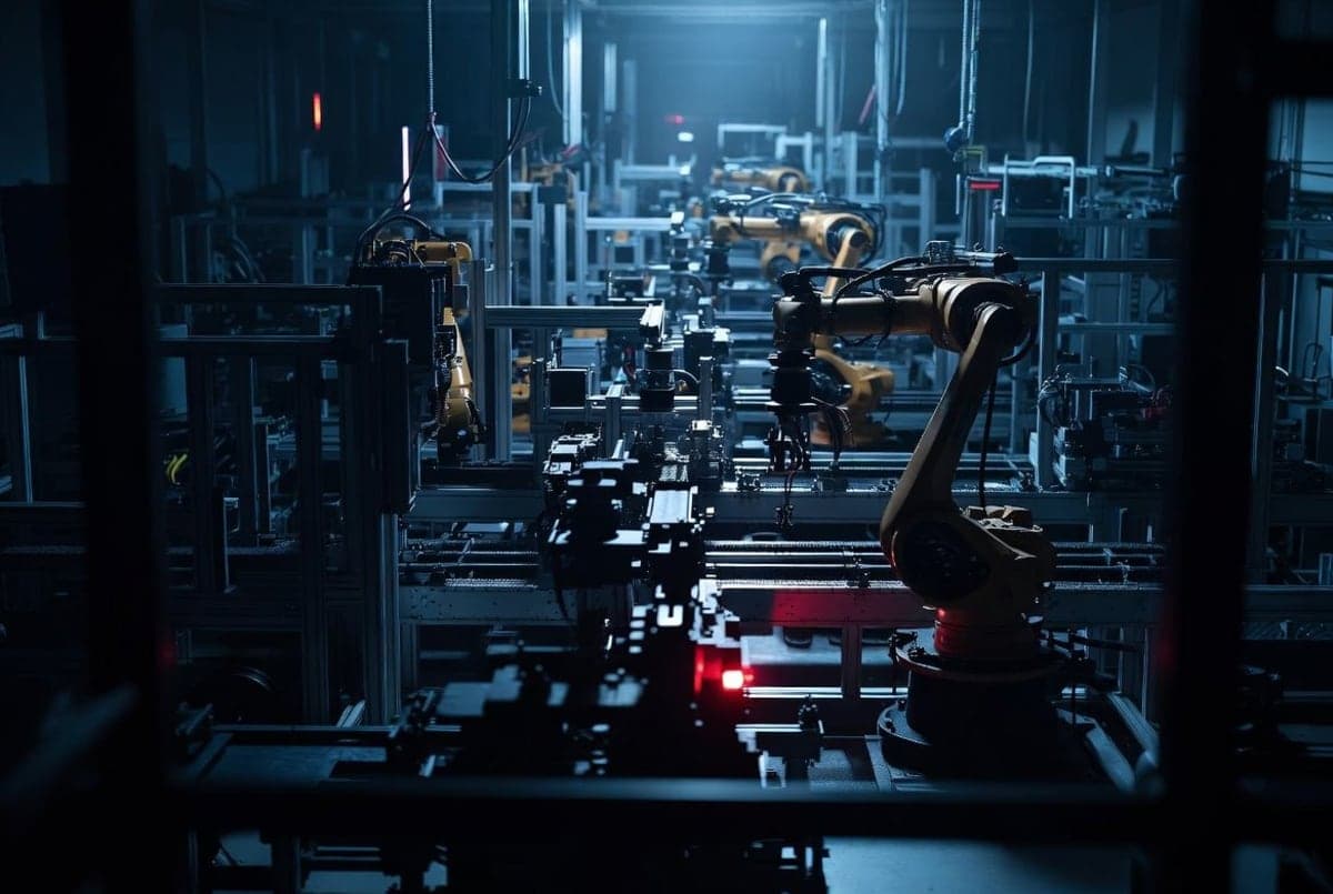 Darkened electronics manufacturing floor with idle assembly equipment and a faint red warning glow