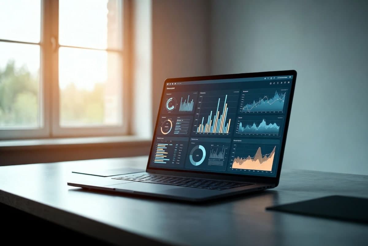 A business analyst working at a laptop building an interactive dashboard from a spreadsheet