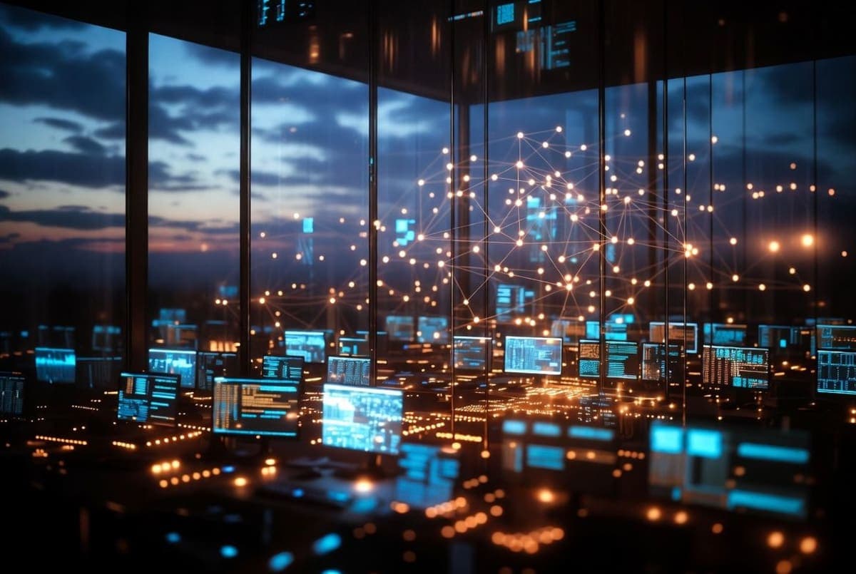 Abstract digital network of glowing connection nodes representing critical infrastructure sectors under cybersecurity scanning
