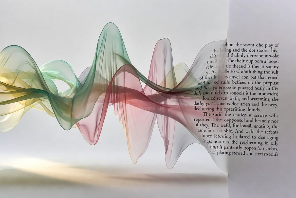 Abstract sound wave visualization in soft green, pink and yellow tones representing speech-to-text transcription technology