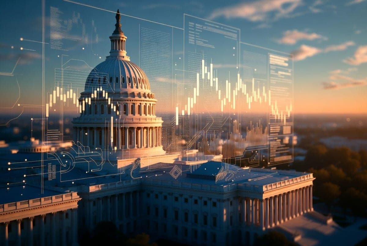 US Capitol building with stock market ticker overlay representing public ownership of AI companies