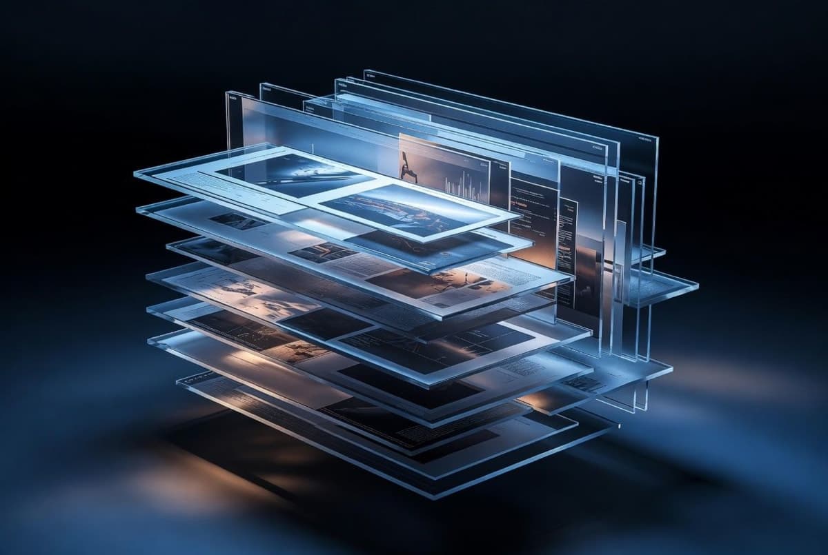 Abstract digital composition showing image elements arranged as structured layout blocks before rendering into a high-resolution scene