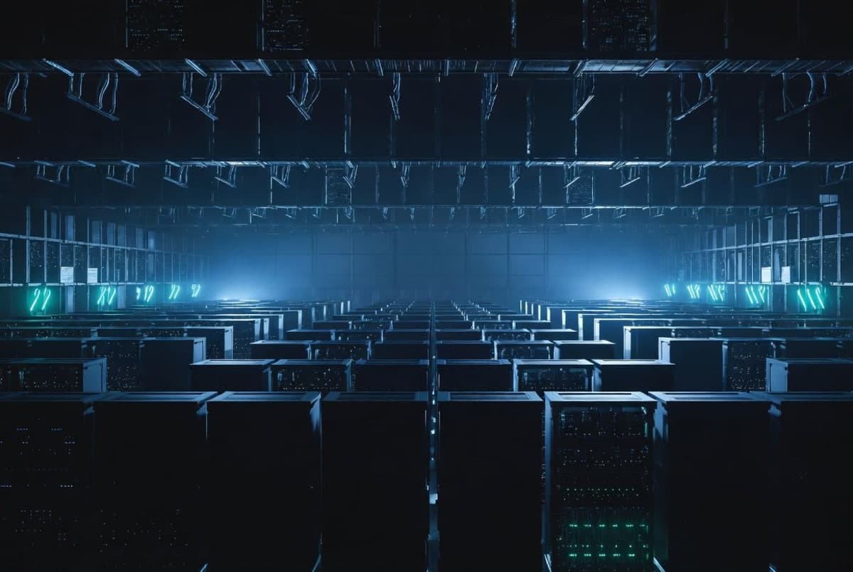 Rows of server racks inside a large data center lit in cool blue light