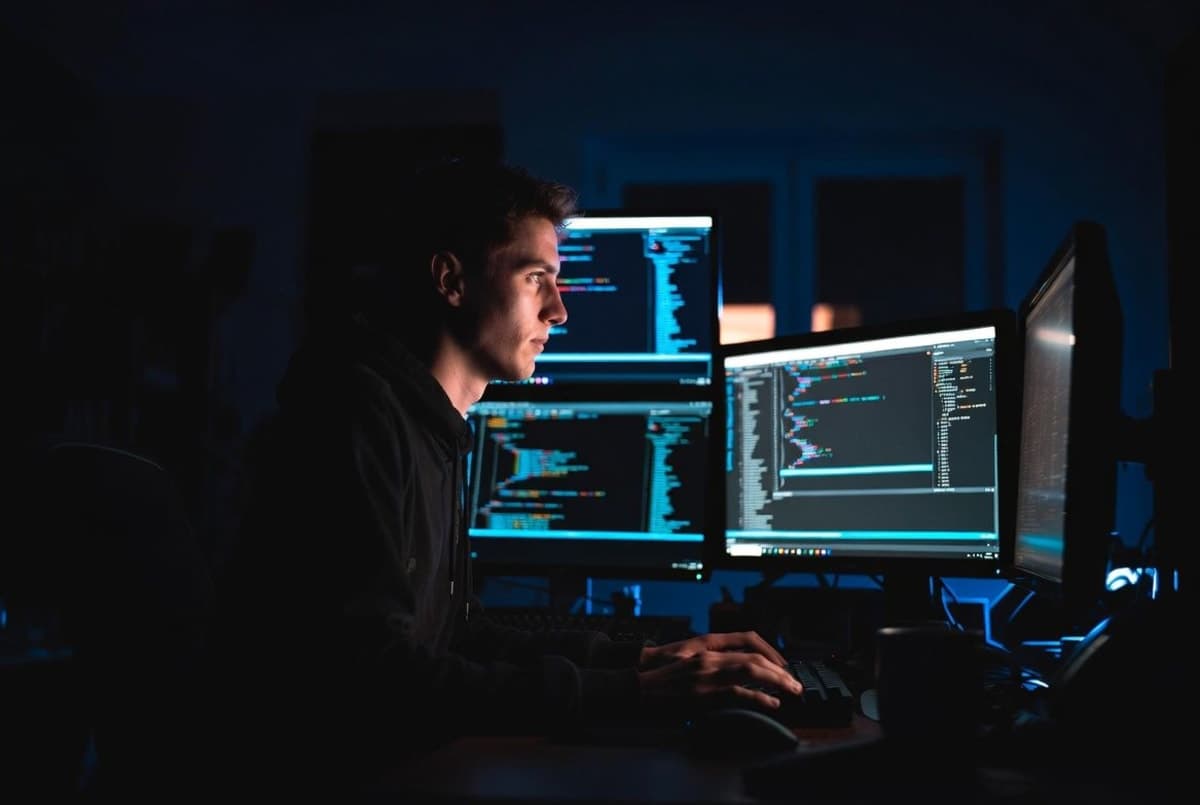 A software developer reviewing pull requests on a laptop in a dim home office, terminal windows glowing on screen