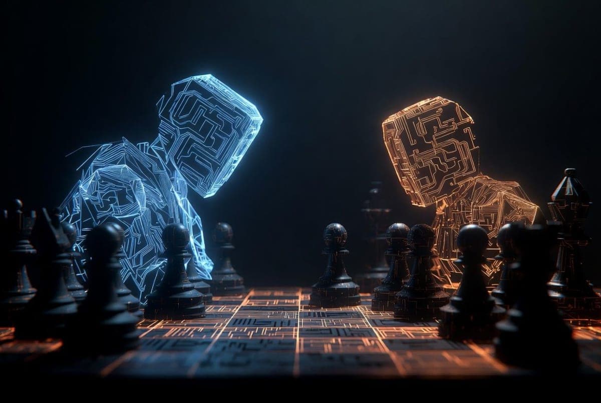 Two stylized flags representing global powers facing off across a digital chessboard of glowing circuit patterns