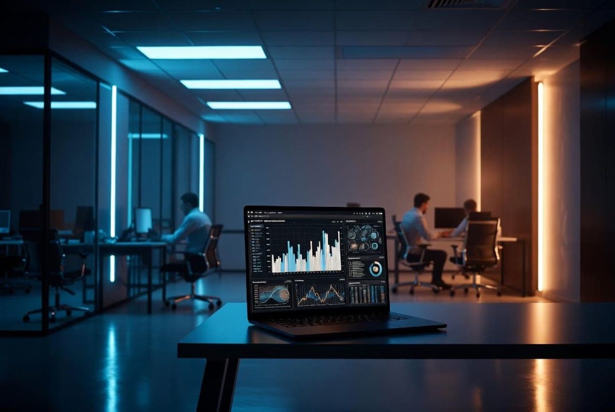 Corporate expense dashboard showing AI software vendor spending on a laptop screen in an office
