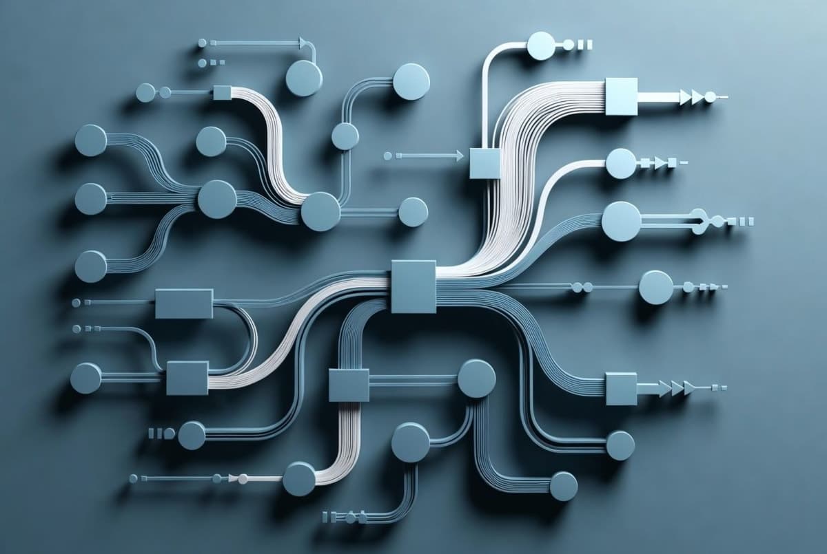 Abstract visualization of interconnected scheduling and routing nodes representing an AI planning framework