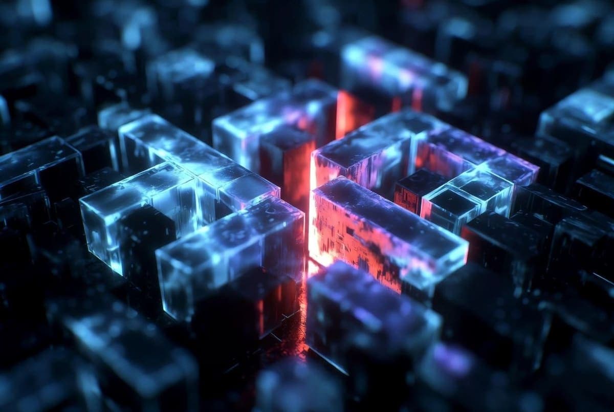 Abstract visualization of a cryptographic shielded transaction pool with a fracture line running through interlocking encrypted blocks