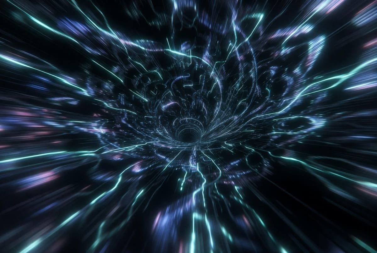 Abstract visualization of an AI system generating recursive layers of code branching outward