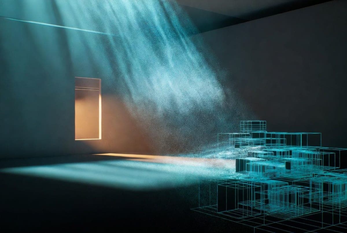 Abstract 3D wireframe environment transitioning from photorealistic rendered surfaces to a geometric physics simulation grid