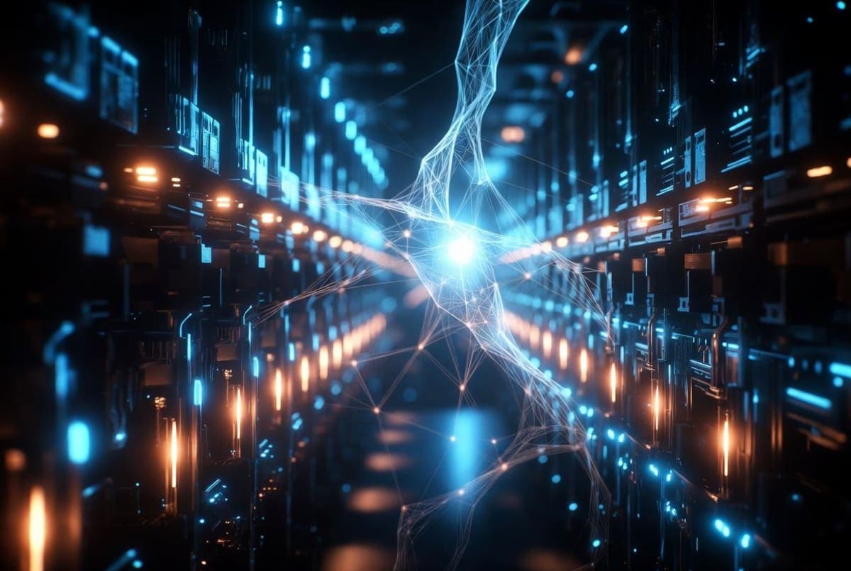 Abstract visualization of a large neural network training pipeline with branching specialist paths converging into a single model