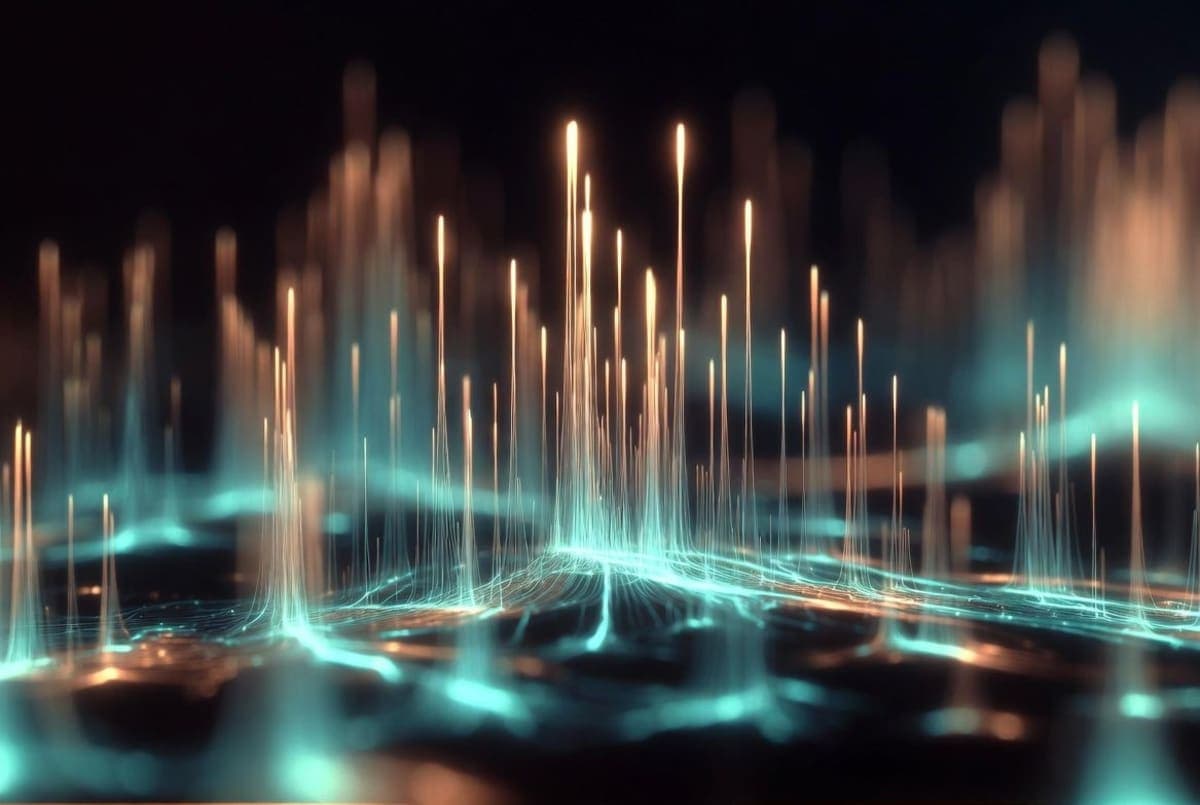 Abstract scientific visualization of overlapping NMR spectral peaks against a dark laboratory backdrop