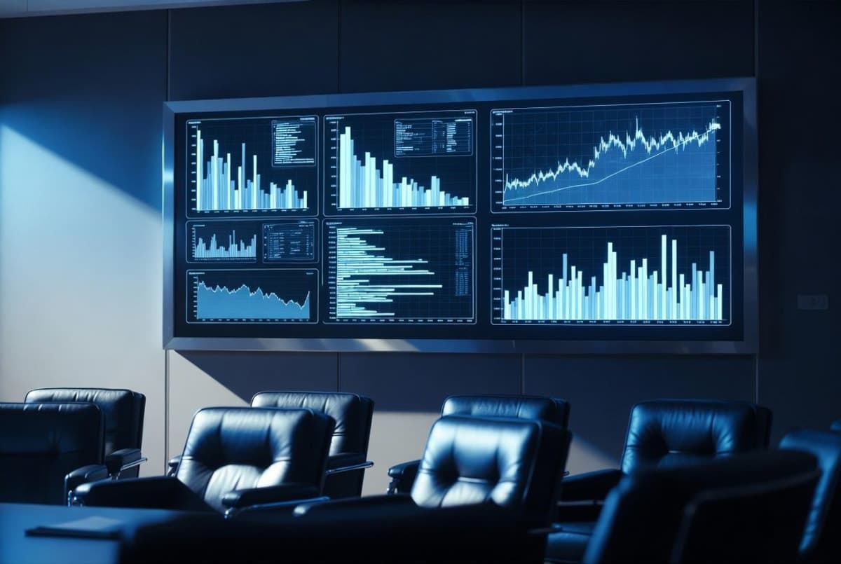 Corporate boardroom with a digital dashboard showing declining cost-savings figures against rising budget projections