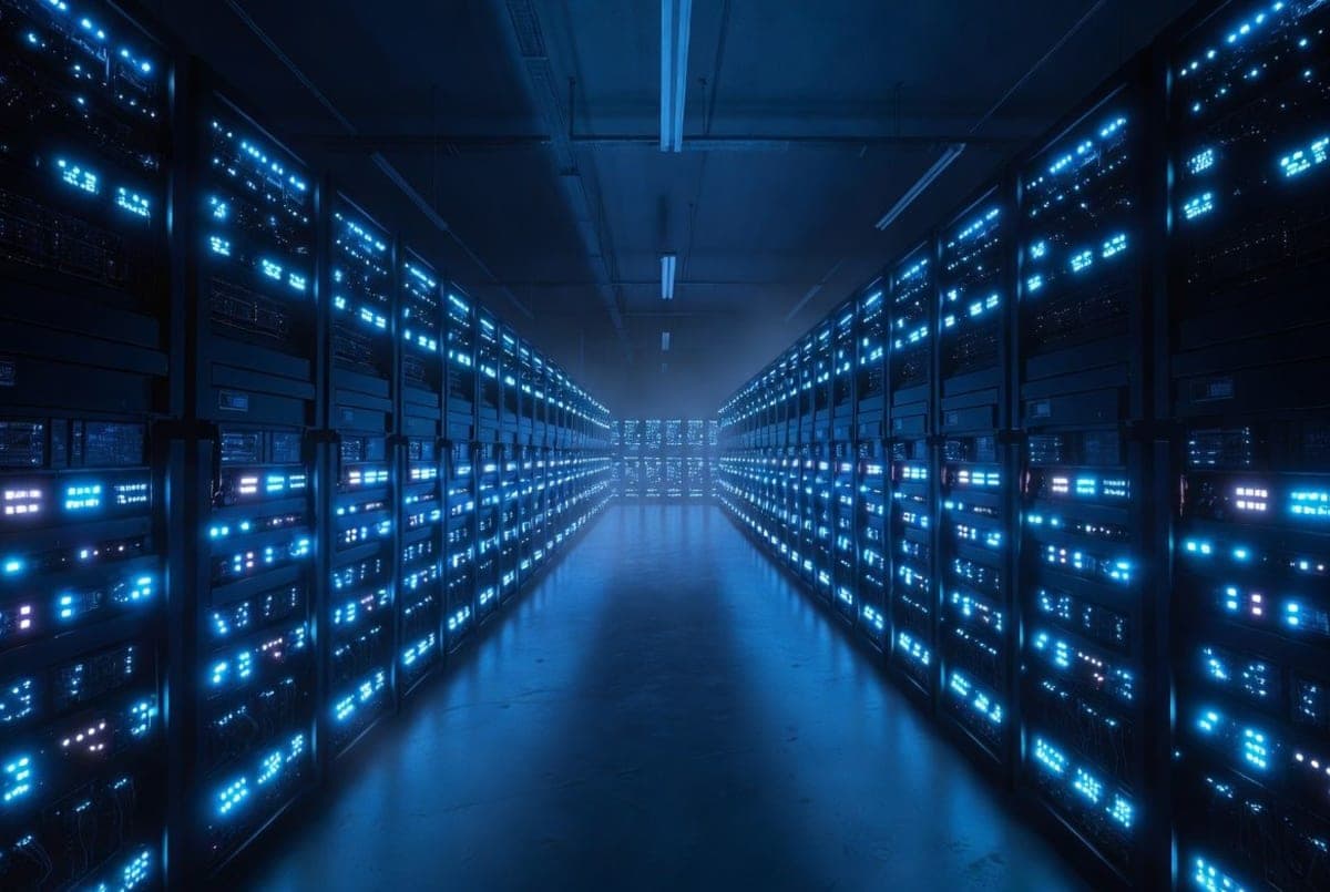 Rows of GPU server racks in a large data center with blue indicator lights