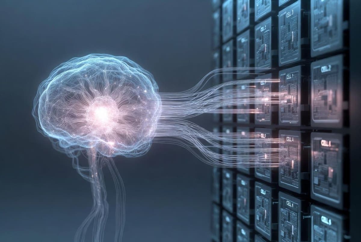 Abstract visualization of a search agent's working memory split between a neural model and an external structured state layer