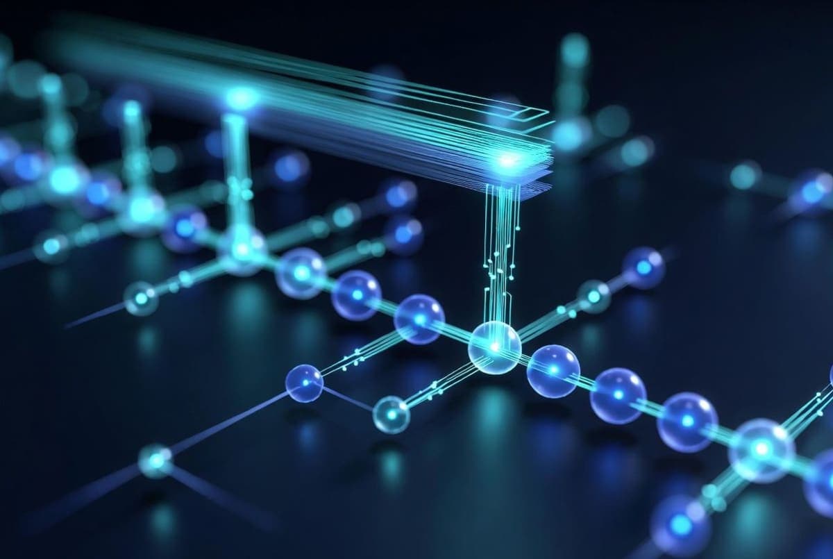 Abstract visualization of neural network memory checkpoints stored across a long sequence of data nodes