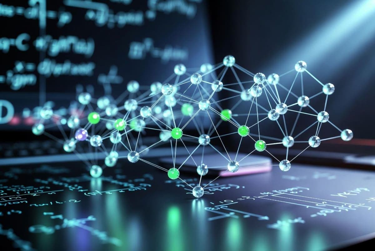 Abstract visualization of a branching proof graph rendered as glowing interconnected nodes against a dark mathematical workspace