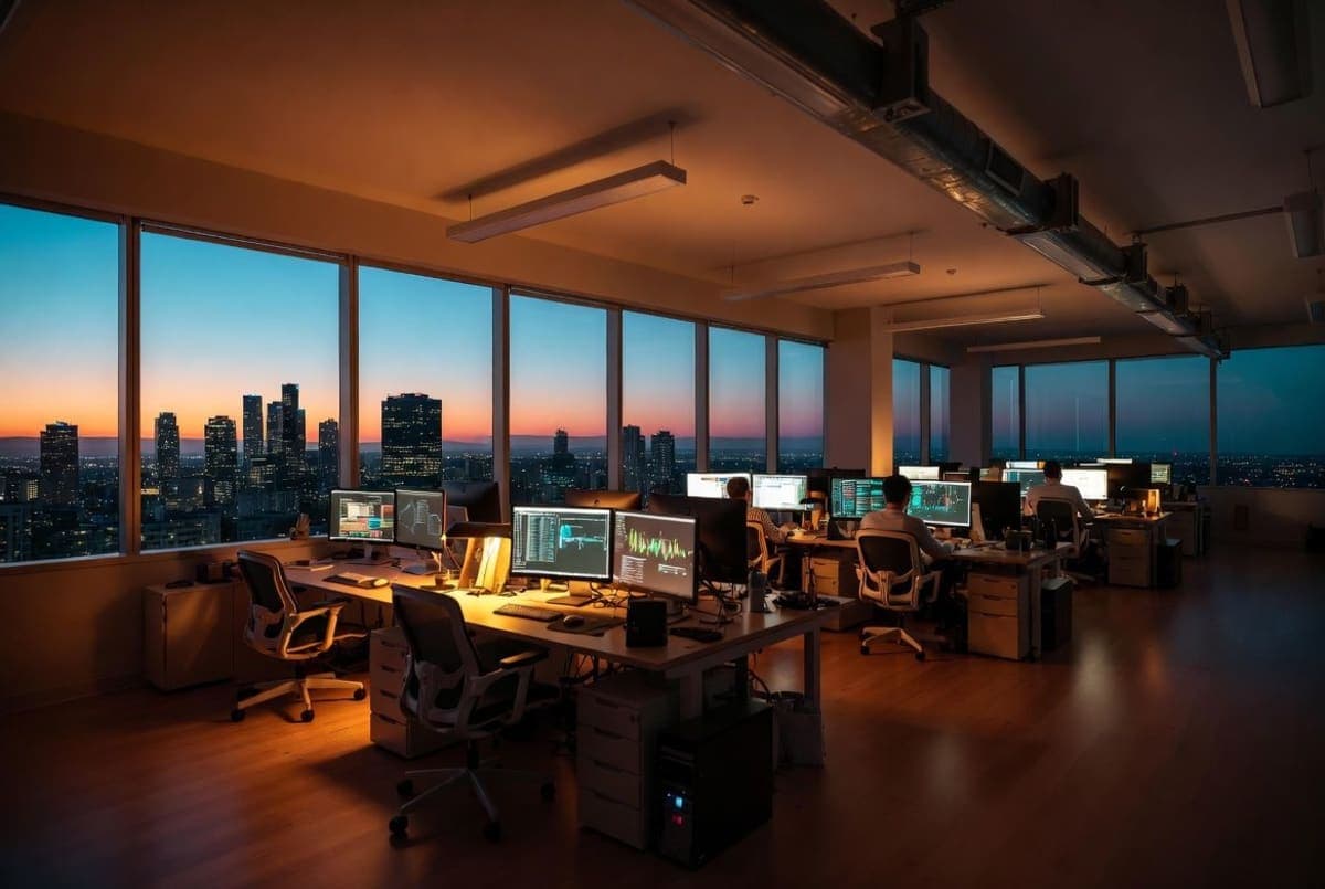 Silicon Valley startup office with rows of empty desks and hiring signage