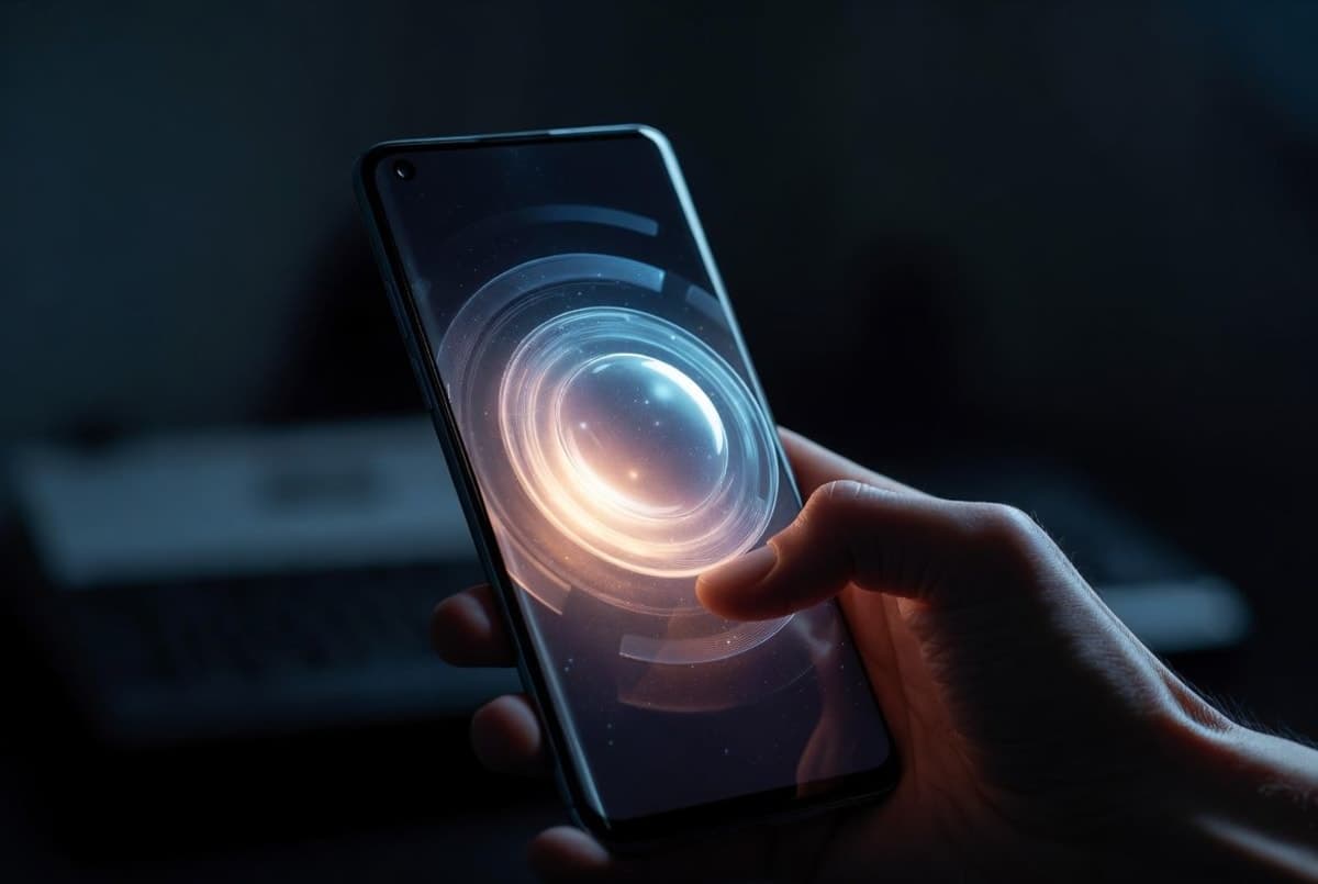 A smartphone displaying a glowing voice assistant interface held in a hand against a dark studio background
