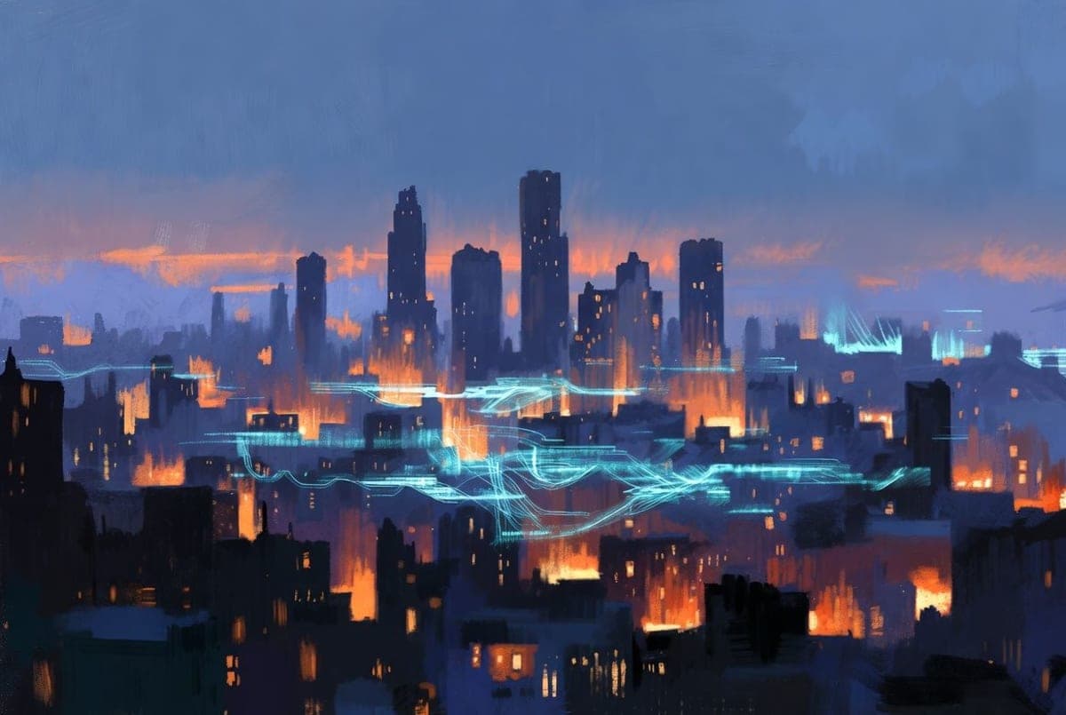 Abstract impressionistic skyline blending early electrical infrastructure with flowing digital light, suggesting a technological transition
