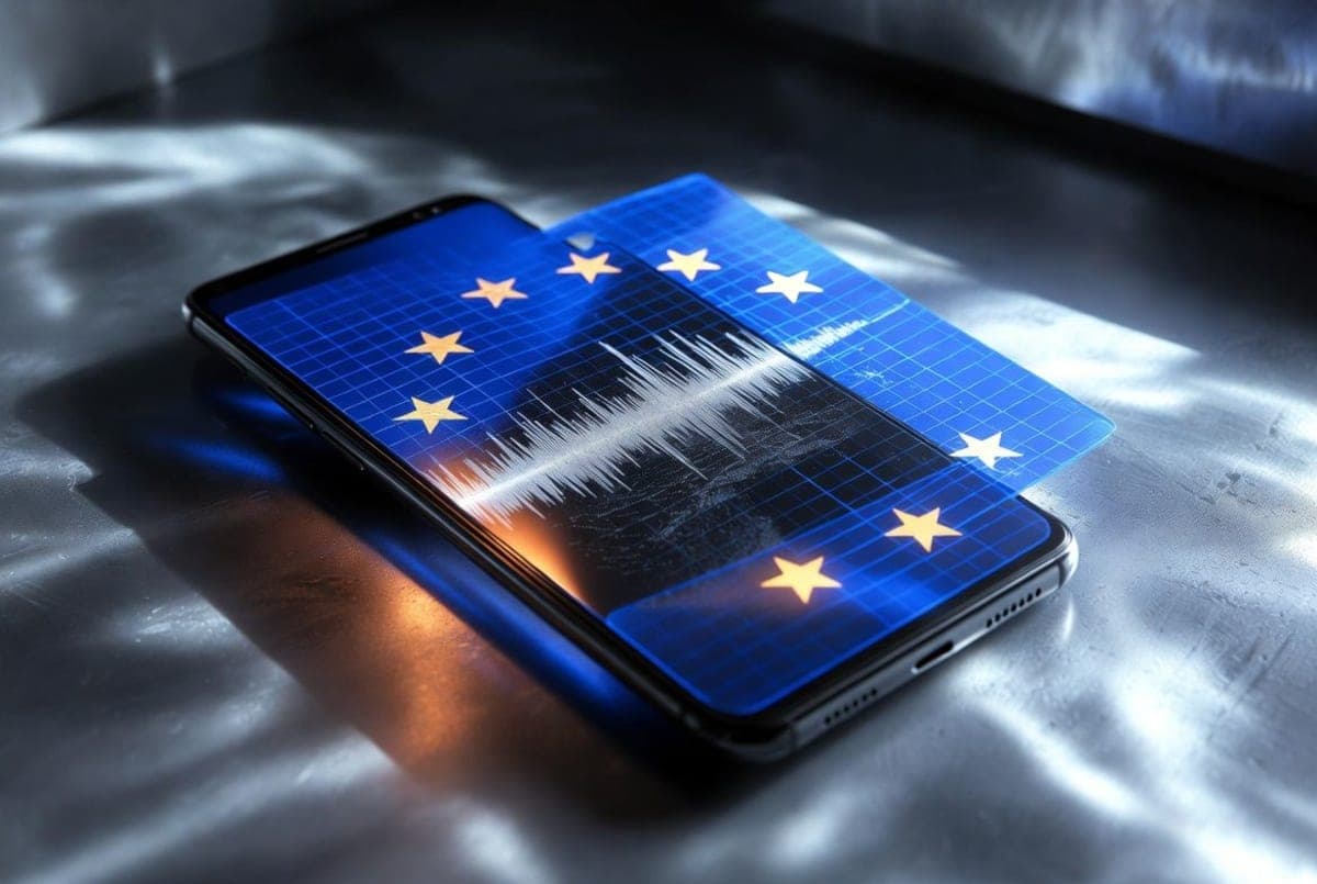 An iPhone displaying a voice assistant interface beside the European Union flag, suggesting a regulatory standoff
