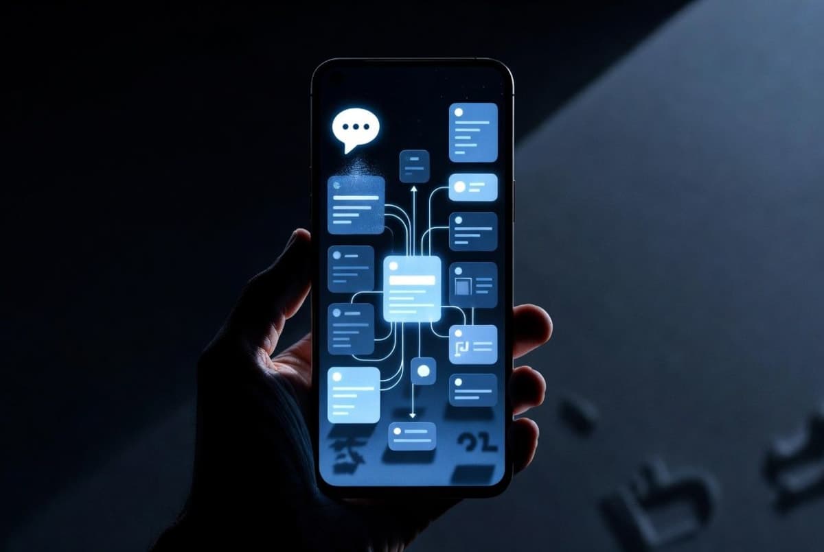 Smartphone displaying an AI chat interface transforming into a multi-panel app dashboard