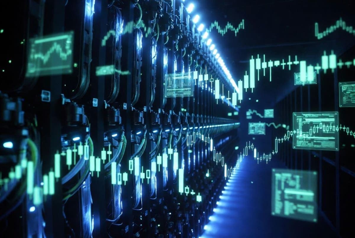 Rows of GPU servers in a data center with trading-floor price displays overlaid