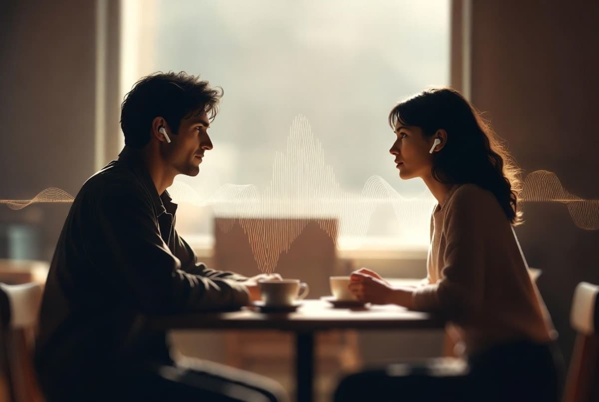 Two people in conversation with real-time translated speech bubbles flowing between them through earphones