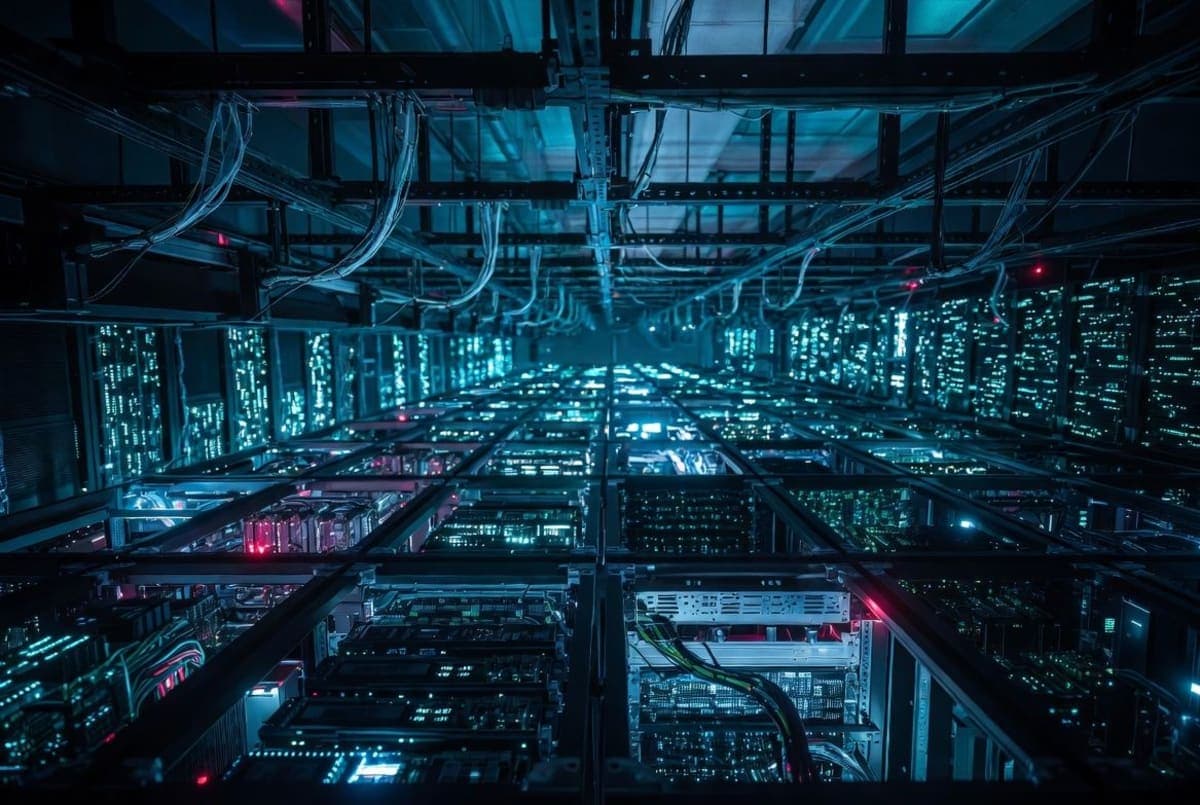 Rows of server racks in a large data center with blue lighting, representing China's national AI computing buildout
