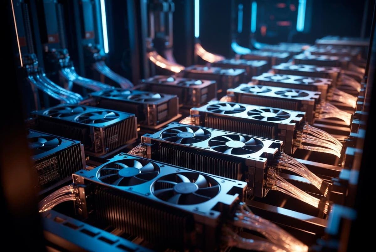 Rack of GPUs in a data center processing data streams at high speed