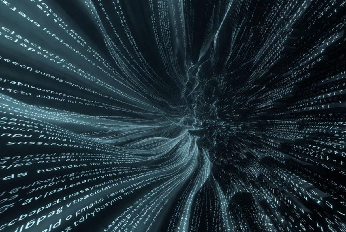 Abstract visualization of fragmented text streams collapsing into dense compressed symbols against a dark background
