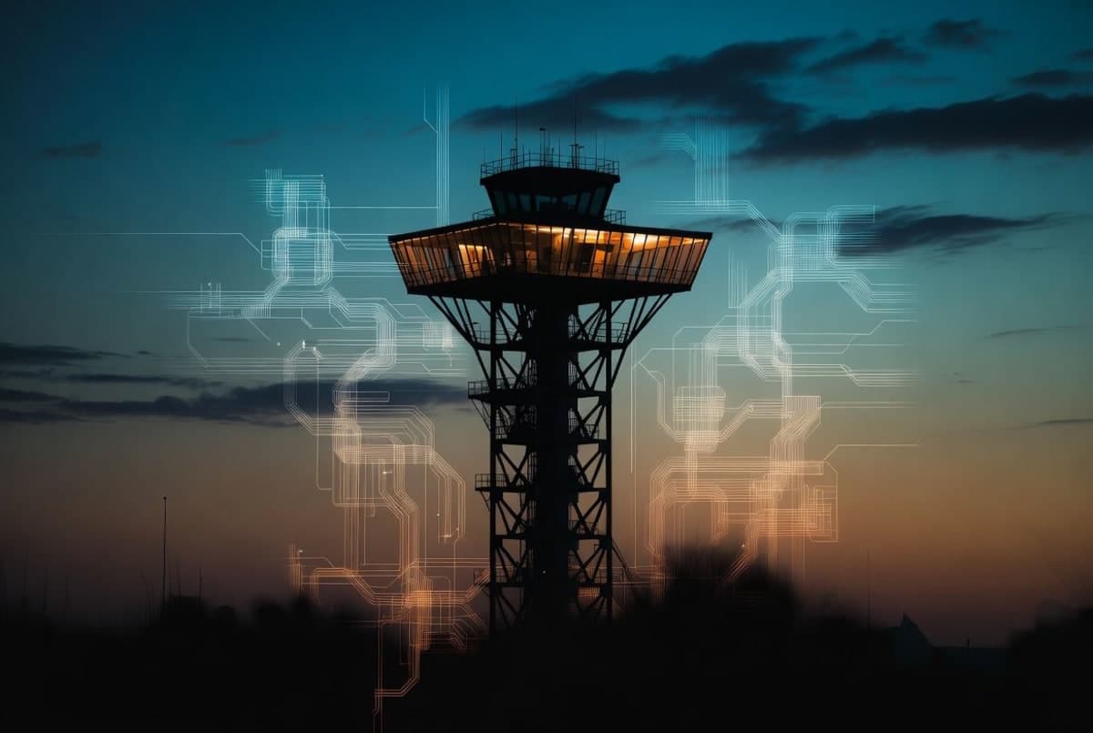 An airport control tower at dusk symbolizing aviation-style oversight applied to artificial intelligence