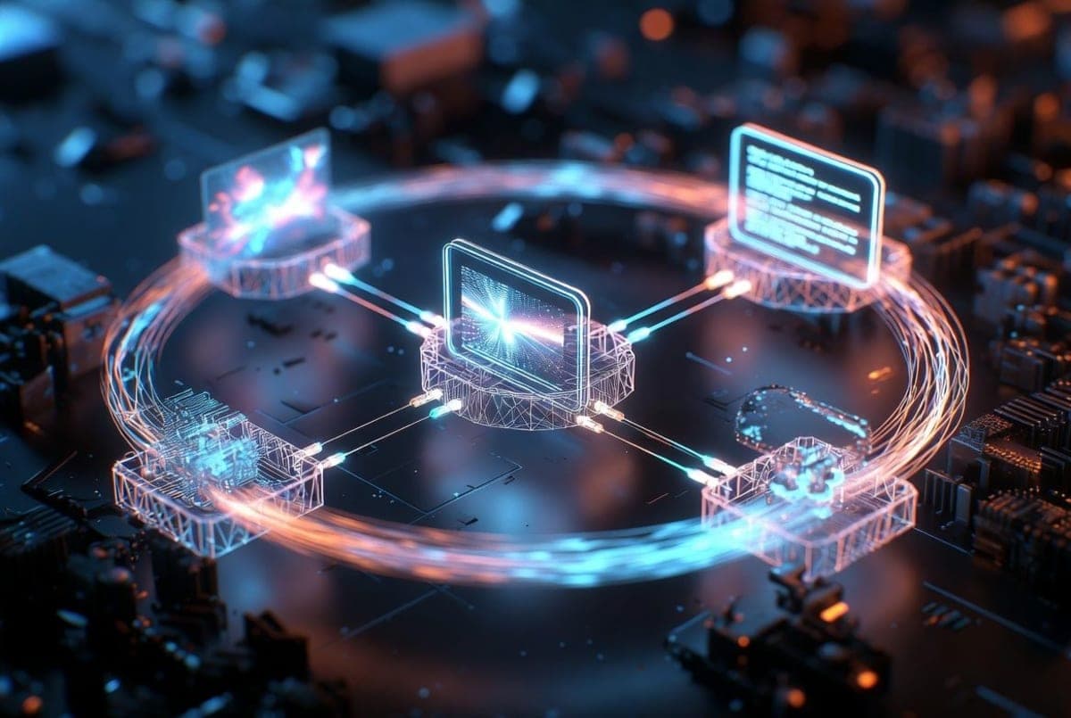 Abstract visualization of a unified reinforcement learning loop connecting image, video, and language model nodes