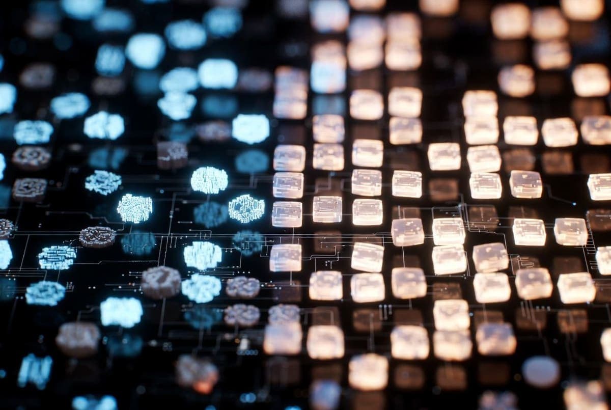 Abstract visualization of text emerging from random noise across a grid, representing parallel diffusion-based generation