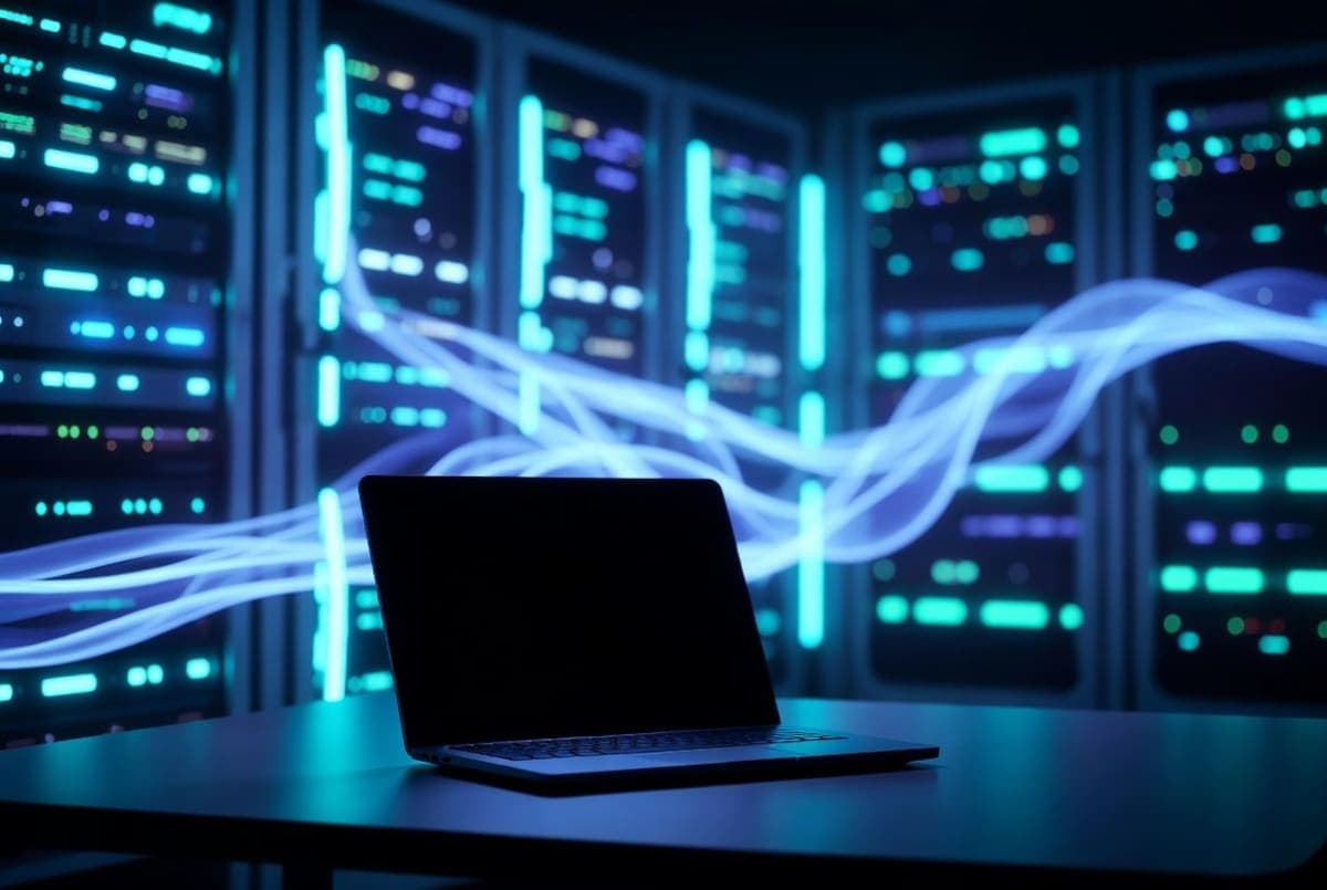 Abstract visualization of autonomous AI agents working inside a secure cloud environment while a developer's laptop sits closed